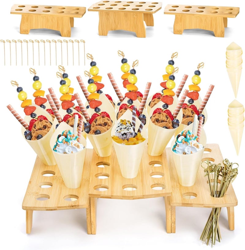Acshio Wooden Ice Cream Cone Holder Stand, 35 Holes Food Cone Holder for Buffet with 100 Wooden Cones 100 Bamboo Sticks, Disposable Cone Display Stand Snack Tray for Desserts, Charcuterie, Restaurant - Image 1